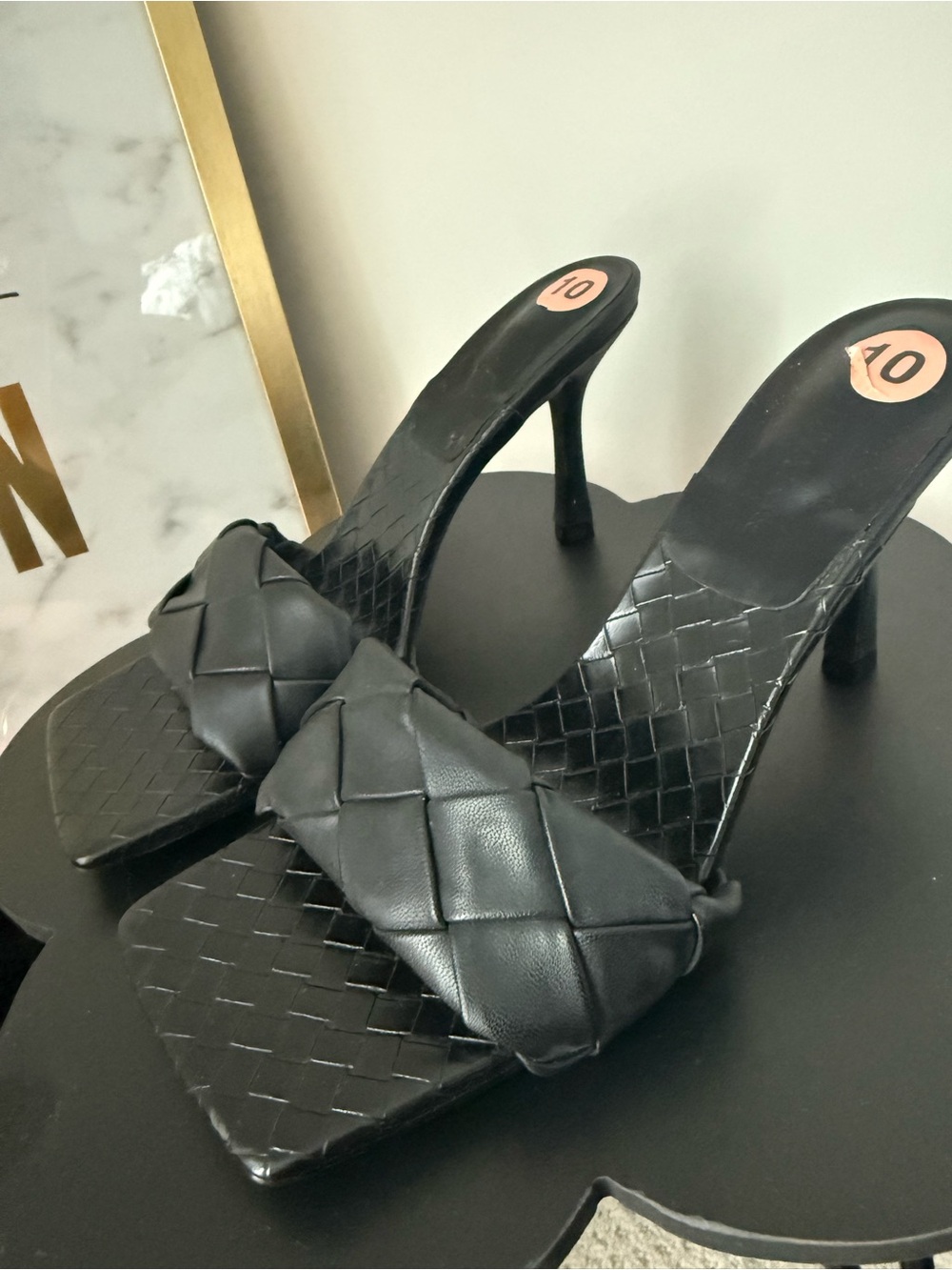 Black Woven Square-Toe Heel Mules - Women